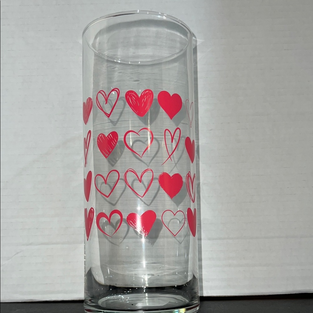 New Cristar Glass Cylinder Vase with Red Heart Pattern 8.5” Romantic Home Décor